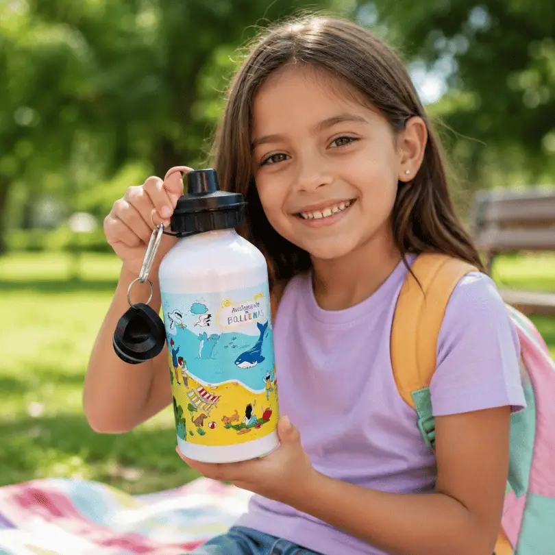 Niña utilizando una botella metálica Punta del Este de Ilustrada