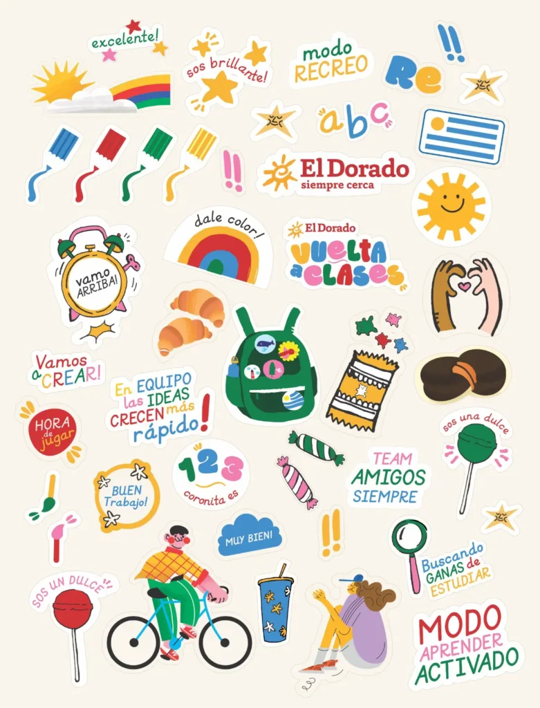 Stickers ilustrados de la campaña Vuelta a Clases de El Dorado creados por Ilustrada