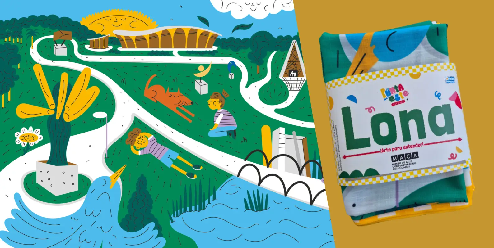 Ilustración y producto textil de la colaboración entre Ilustrada y el MACA